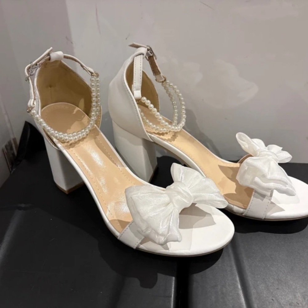 SHEIN White Heels with Bow and Pearl Detail